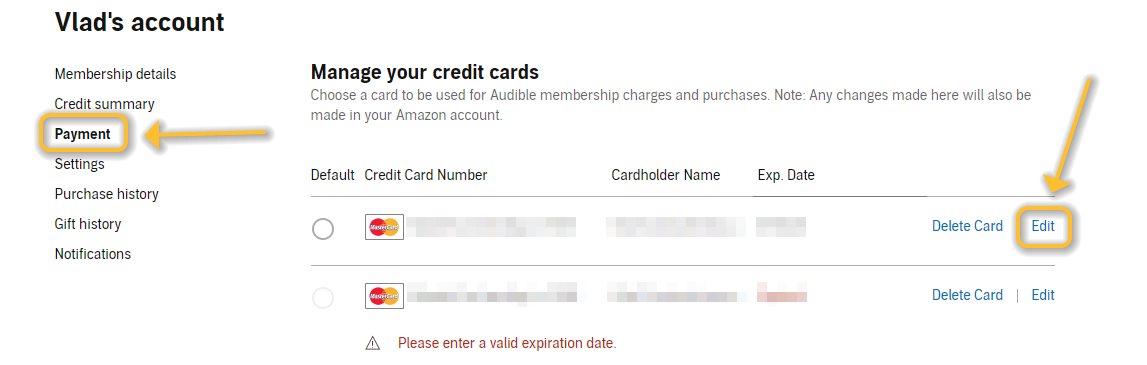 Audible Payment menu