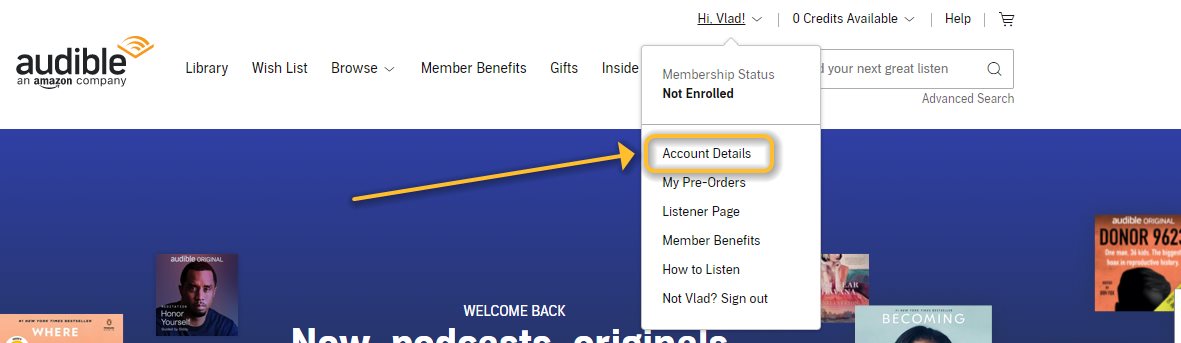 Audible account menu