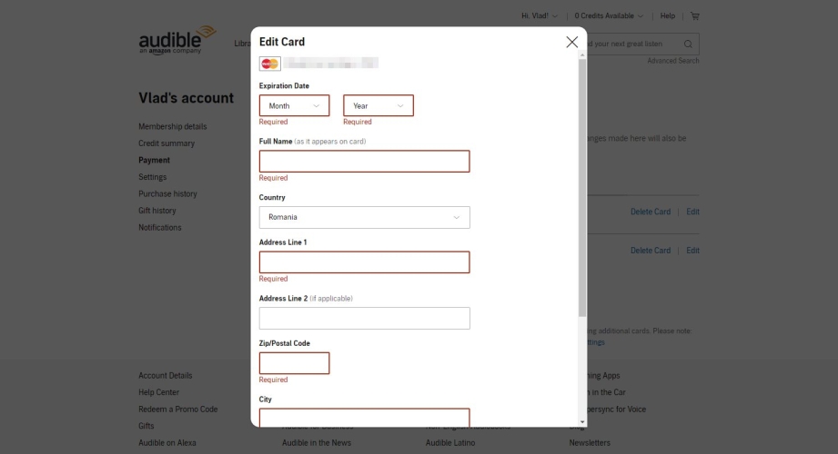 Change Audible card address
