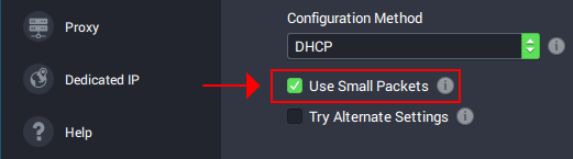 A preview of how Private Internet Access highlights the OpenVPN protocol with small packets
