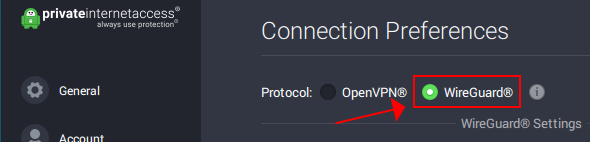 A preview of how Private Internet Access highlights the WireGuard protocol