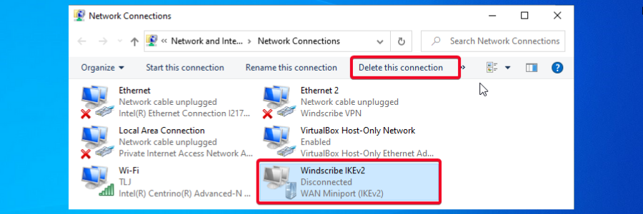 Control panel delete this connection