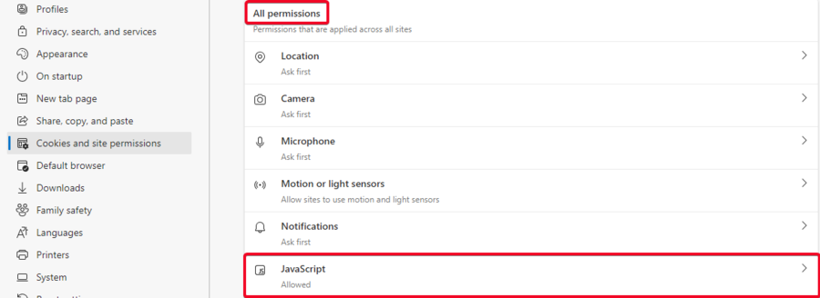 Edge all permissions javascript