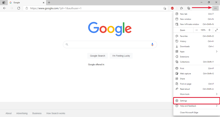 Edge browser menu settings