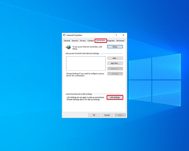 Windows 10 shows the Internet Properties Connections option