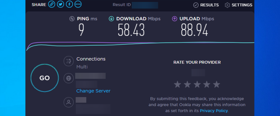 Speed test results