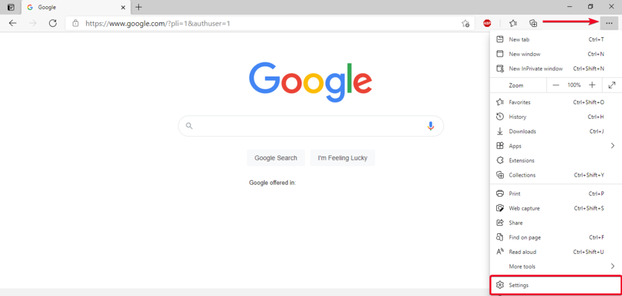 Microsoft edge browser menu settings