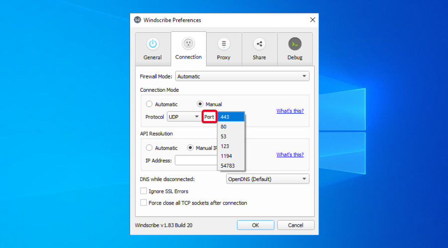 Windscribe VPN shows switch ports option