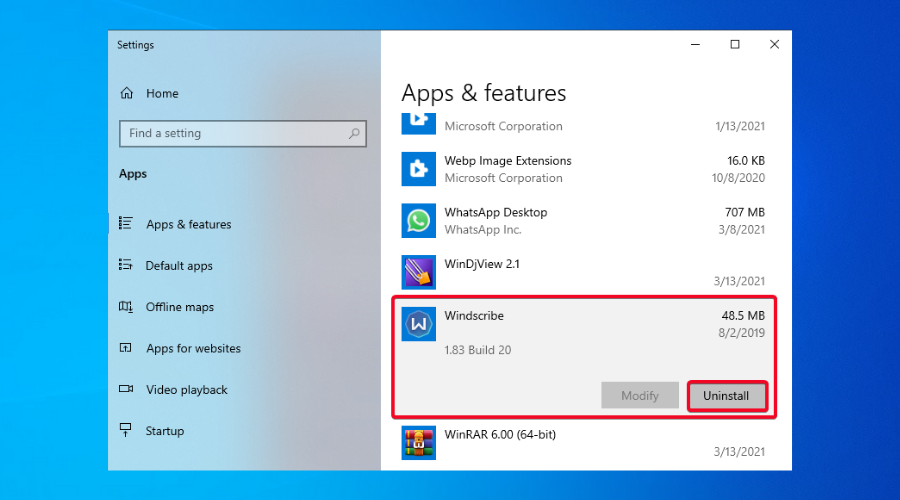 Control Panel shows uninstall Windscribe VPN menu