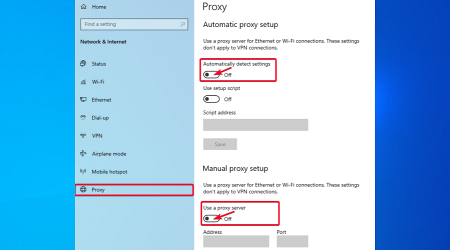 Automatic and manual proxy setup off