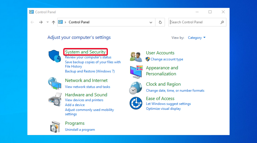 Windows 10 control panel system and security