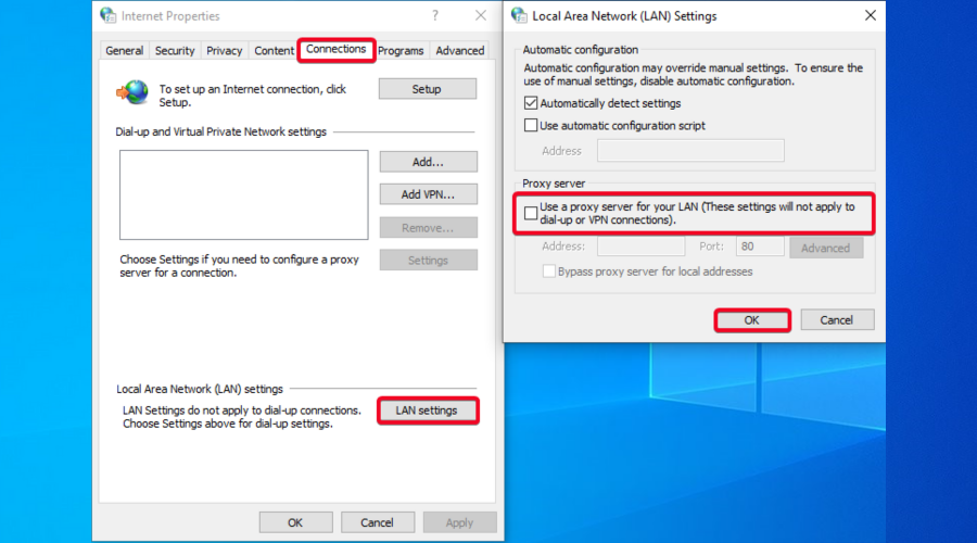 Lan settings proxy server