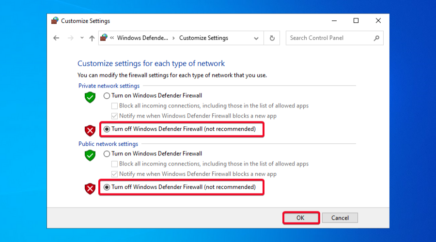 Windows Defender turn off firewall