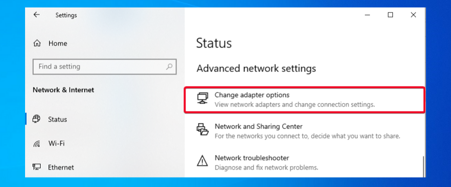 Change adapter options windows 10
