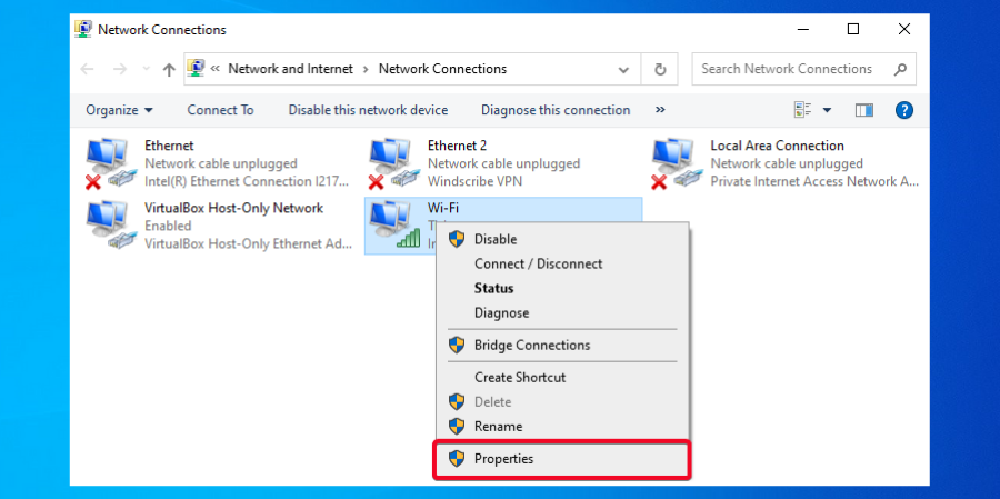 Windows 10 adapter properties