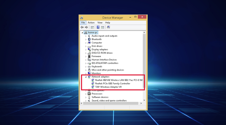 Windows shows expand network adapters list