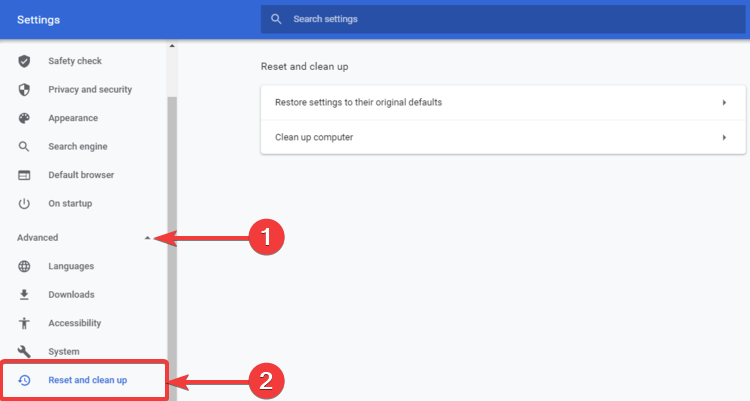 Chrome shows Advanced, Reset and clean up