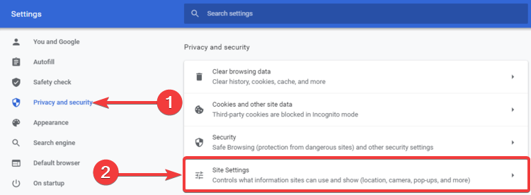Chrome shows Privacy and security, Site settings