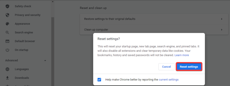 Chrome shows Reset settings
