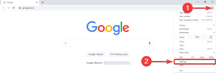 Chrome shows menu and Settings