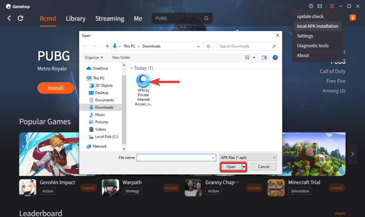 Gameloop shows open Private Internet Access APK