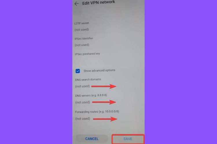Huawei shows L2TP IPSec PSK, DNS domain, server, forwarding route