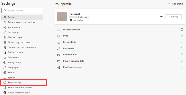 Edge shows Reset settings