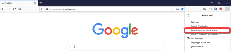 Firefox shows Troubleshooting Information