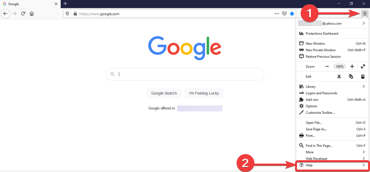 Firefox shows menu and Help