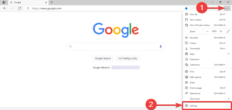 Edge shows menu and Settings