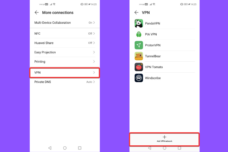 Huawei shows More connections, Add VPN network