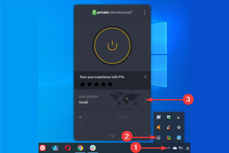 Private Internet Access shows system tray launch