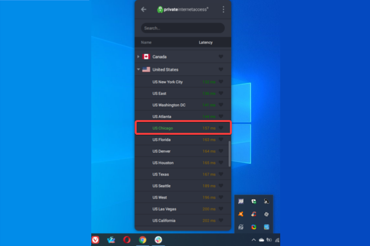 Private Internet Access shows servers