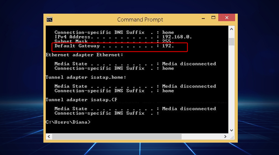 Windows shows IP address default gateway