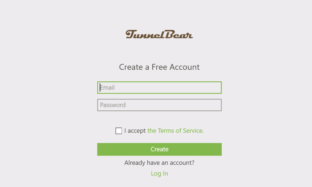 TunnelBear sign in screen