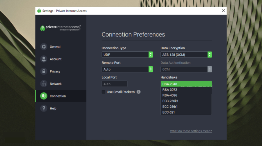 private internet access user interface