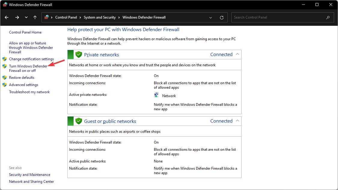 Turn off Windows Defender Firewall