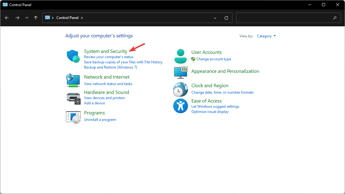 Clicking on System & Security