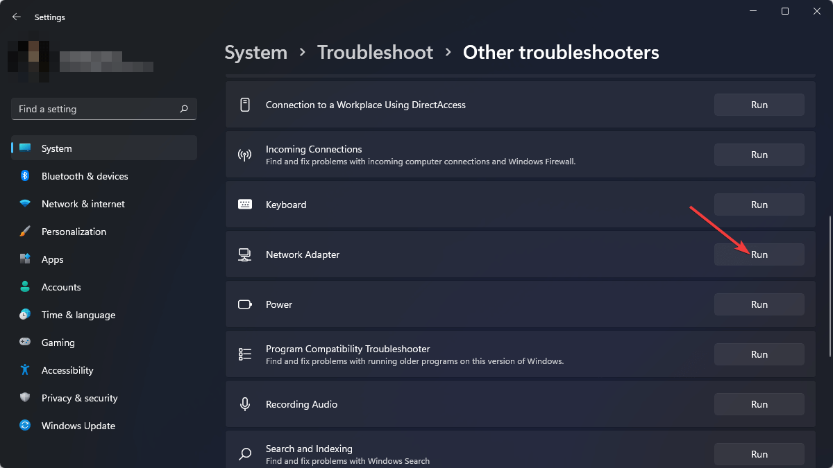opening network adapter troubleshooter