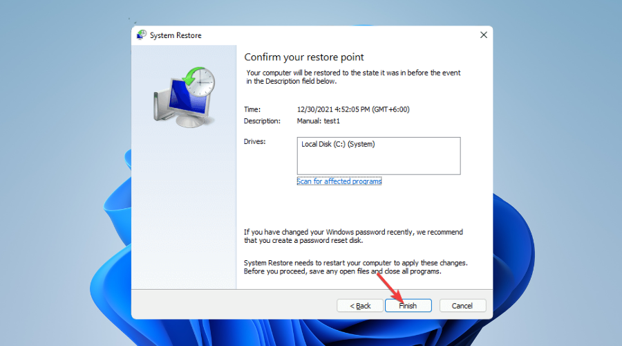 Windows system restore clicking finish
