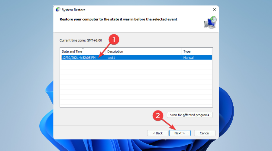 Windows system restore next