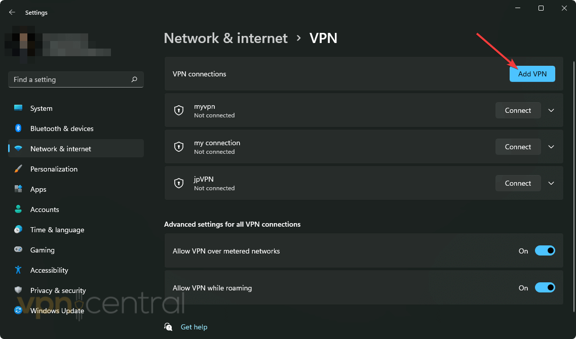 click on add vpn win11 settings