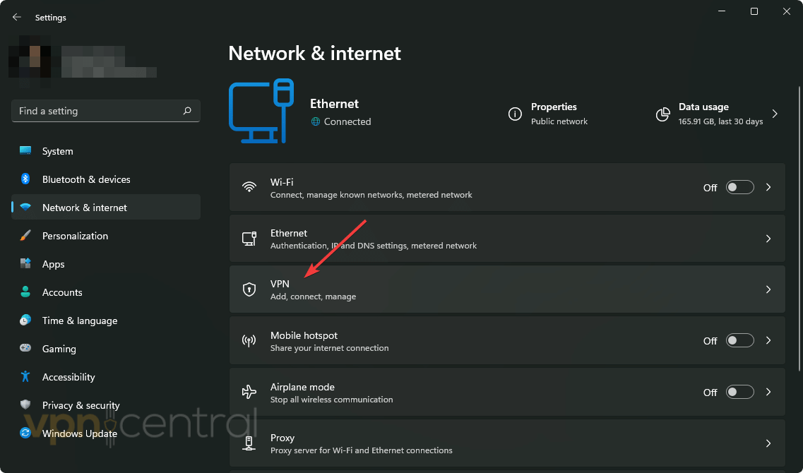 click on vpn win11 settings