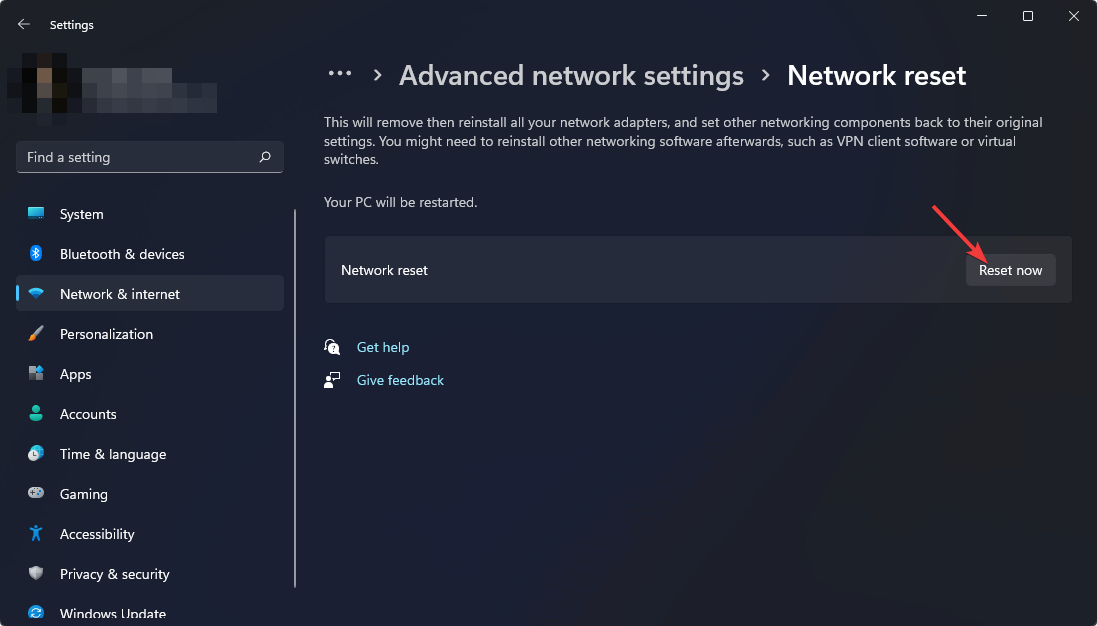 click reset now for network reset win11 settings