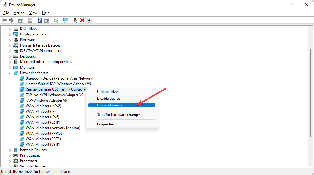 uninstall device network adapter windows device manager