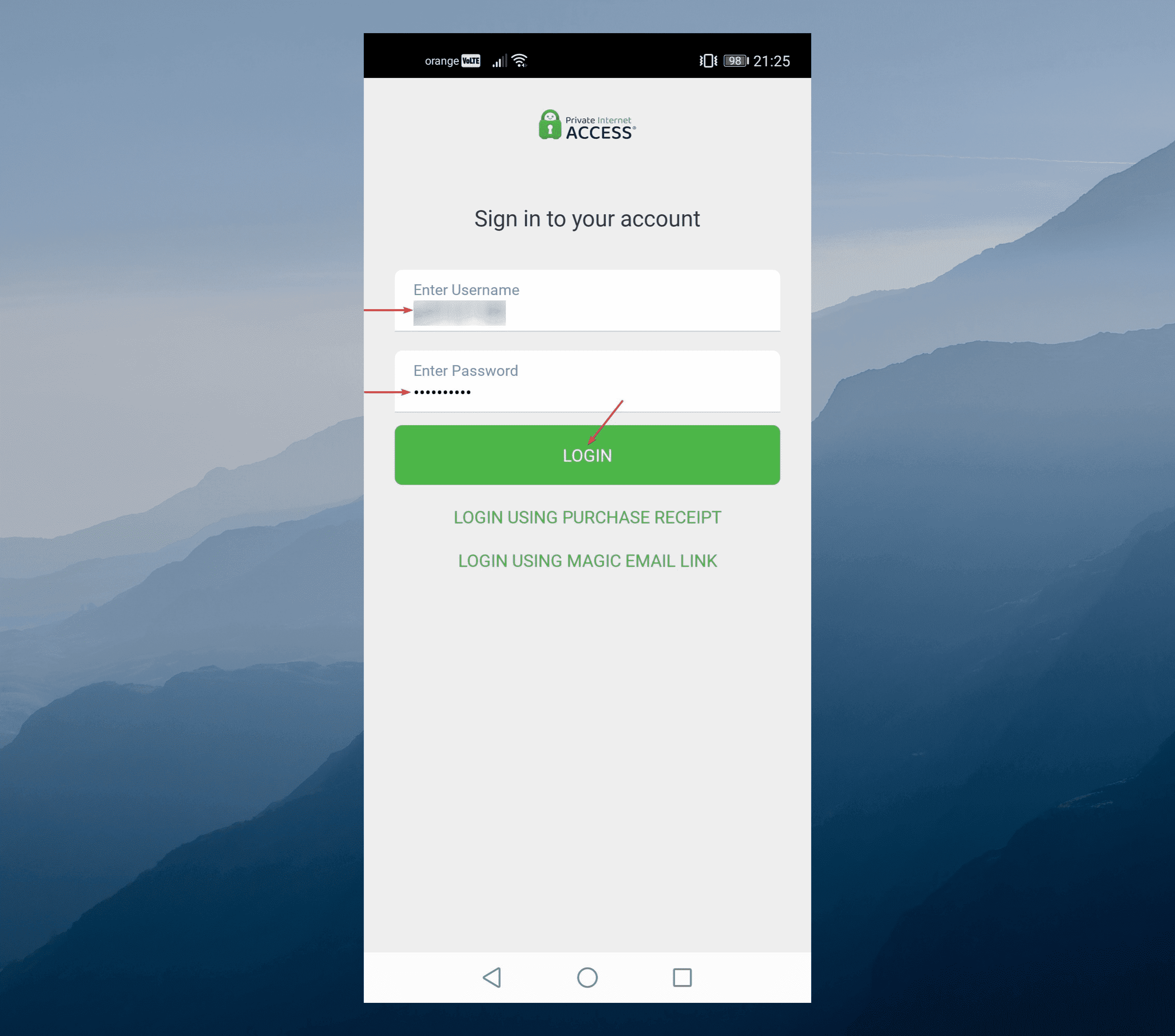 PIA Android login