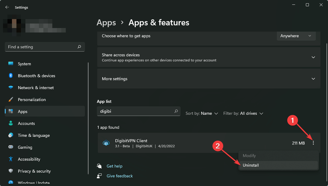 uninstalling digibitvpn win11