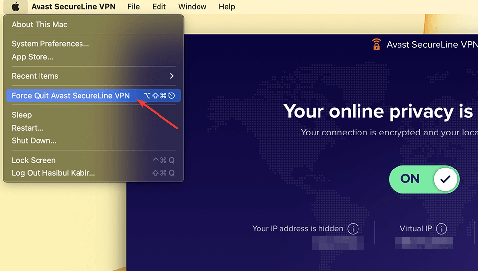 clicking force quit avast vpn mac menubar