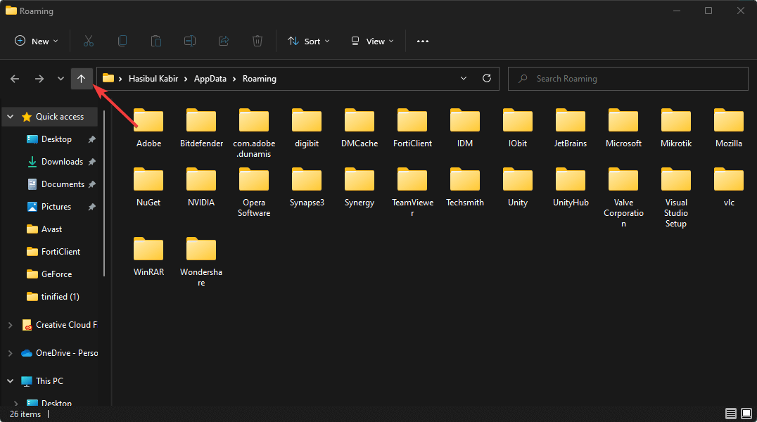 clicking up arrow icon roaming folder