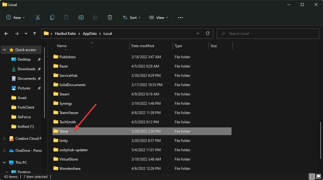 go to temp folder of local